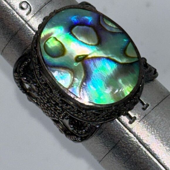 925 silver abalone shell statement ring large intricate Sz 10 - Picture 5 of 12